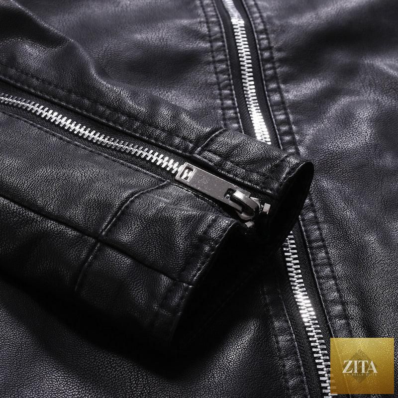 Stevvex men's black faux leather motorcycle jacket, slim fit, warm, elegant design, suitable for business and casual wear.
