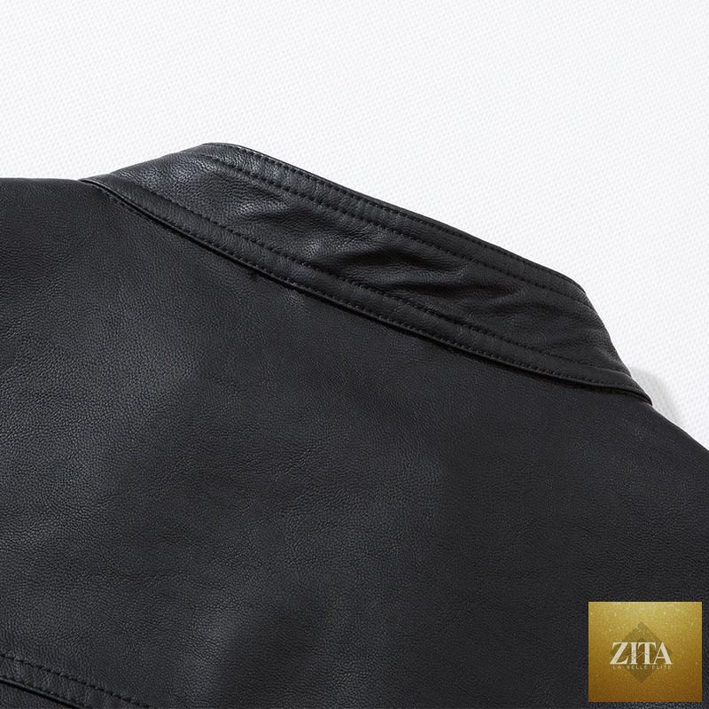 Luxury black faux leather motorcycle jacket for men by Stevvex, slim fit, warm, stylish, and suitable for business and casual wear.