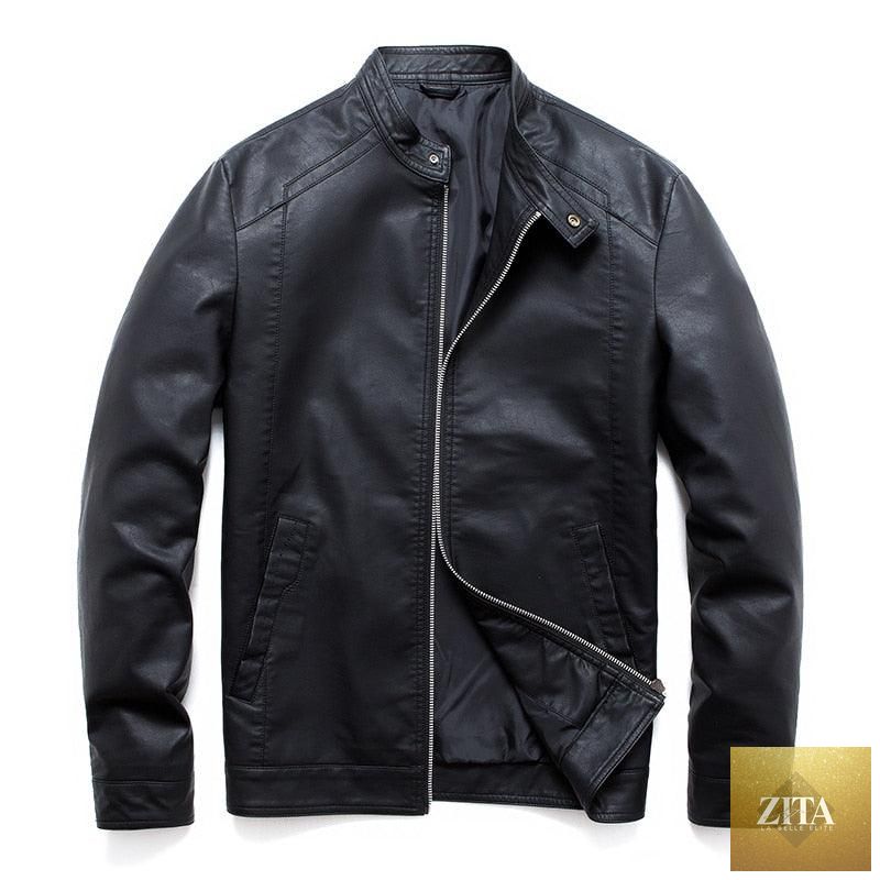 Stevvex luxury black men's faux leather motorcycle jacket with slim fit, warm lining, elegant design, perfect for business or casual wear.