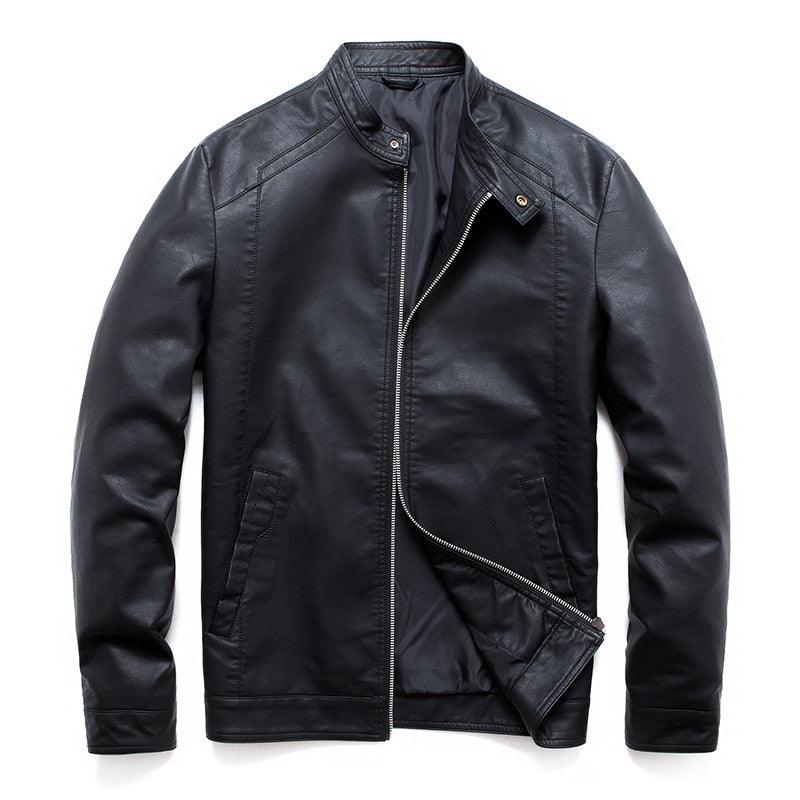 Stevvex luxury black men's faux leather motorcycle jacket with slim fit, warm lining, elegant design, perfect for business or casual wear.
