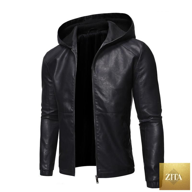 Stevvex black men's faux leather motorcycle jacket, slim fit, warm, elegant design, perfect for business or casual wear.