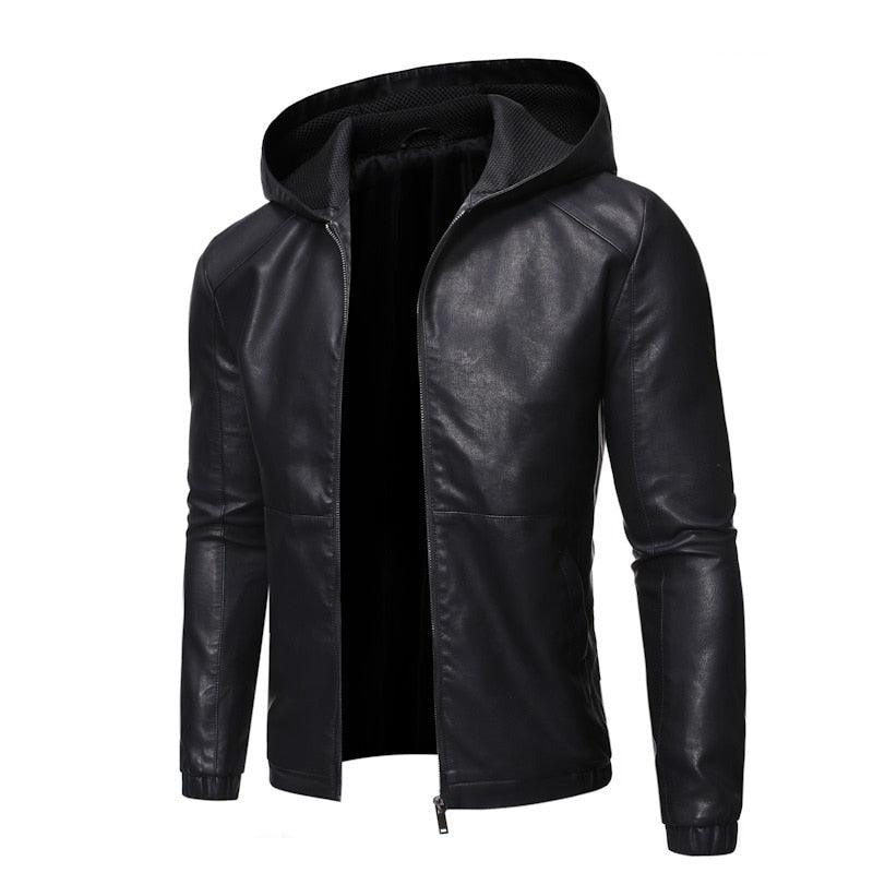 Stevvex black men's faux leather motorcycle jacket, slim fit, warm, elegant design, perfect for business or casual wear.