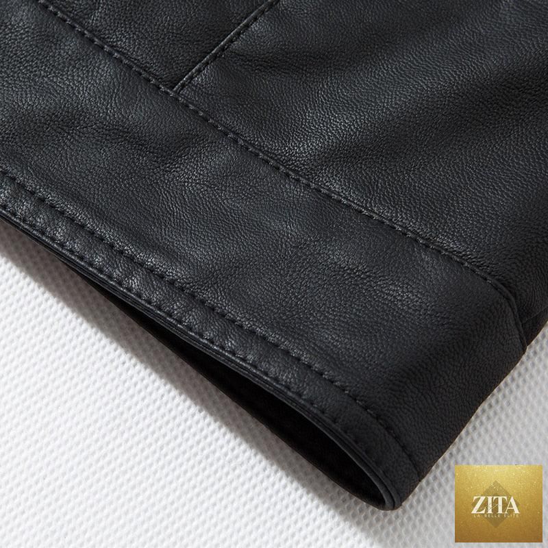 Luxury black men's faux leather motorcycle jacket by Stevvex, slim fit, warm, stylish coat with elegant design and casual business appeal.