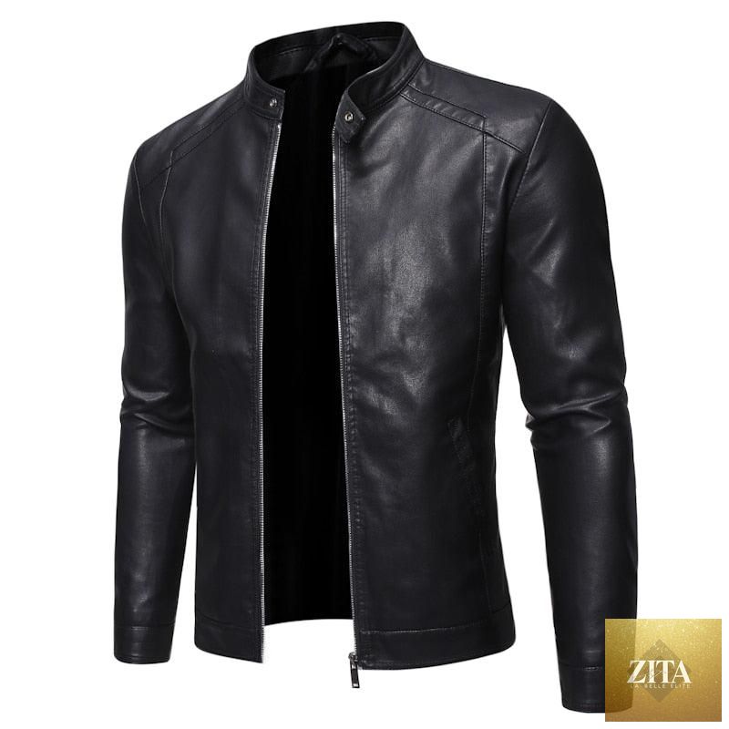Stevvex luxury black men's faux leather motorcycle jacket, slim fit, warm, stylish business and casual coat for men.