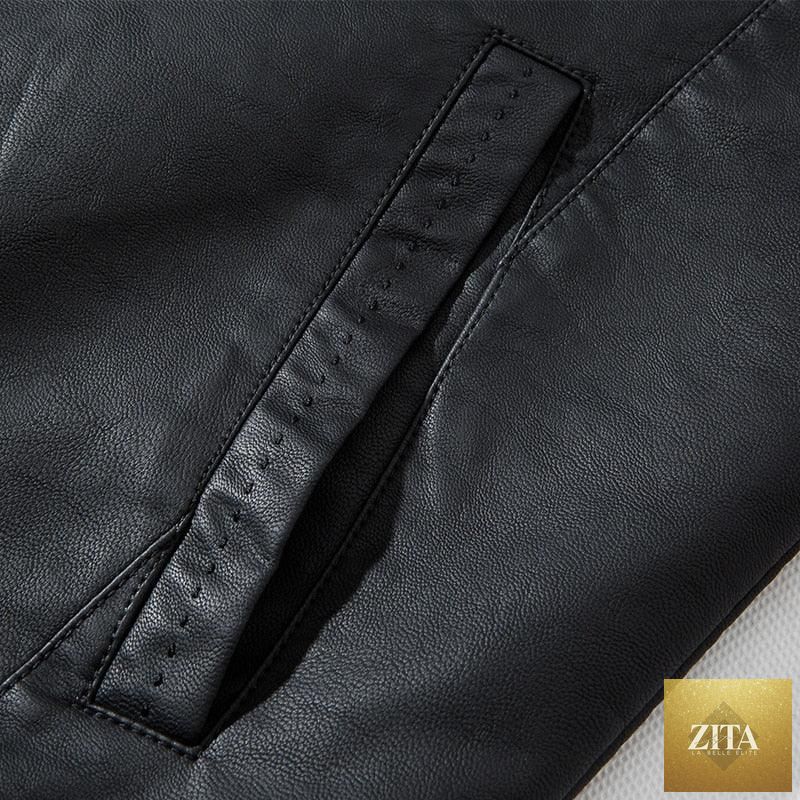 Elegant black men's faux leather motorcycle jacket by Stevvex, slim fit, warm, stylish, suitable for business and casual wear.
