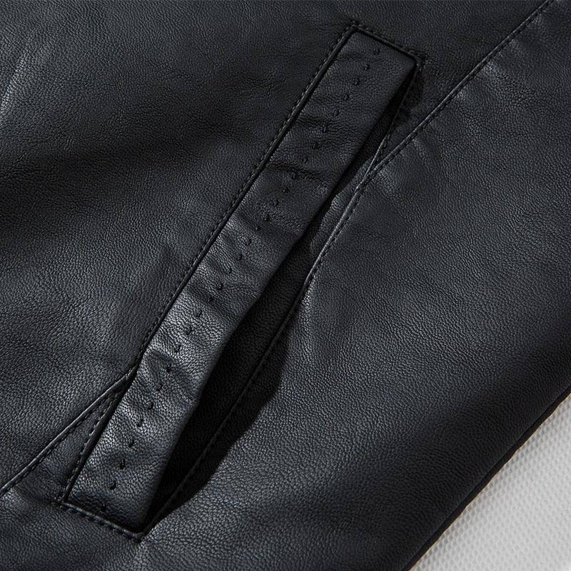 Elegant black men's faux leather motorcycle jacket by Stevvex, slim fit, warm, stylish, suitable for business and casual wear.