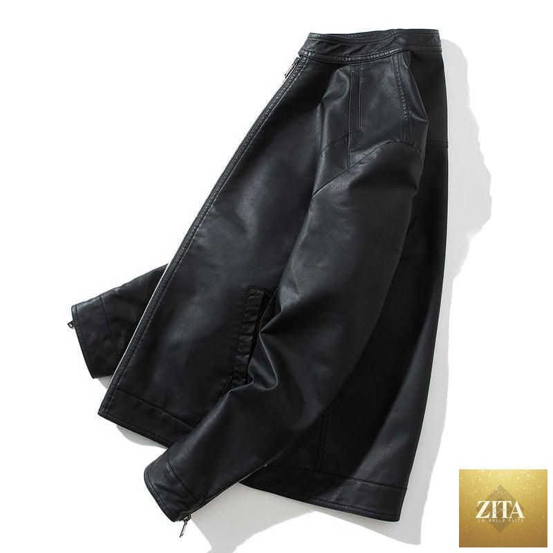 Stevvex luxury black men's faux leather motorcycle jacket, slim fit, warm, stylish business coat with elegant design.
