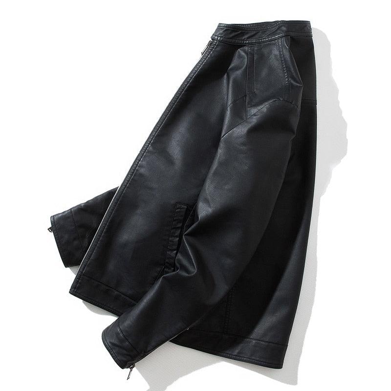 Stevvex luxury black men's faux leather motorcycle jacket, slim fit, warm, stylish business coat with elegant design.