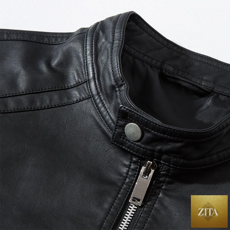 Elegant black men's faux leather motorcycle jacket by Stevvex, slim fit design, warm and stylish for business or casual wear.