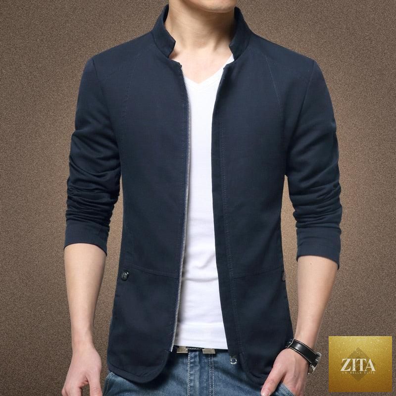 Stevvex men's black slim-fit cotton jacket with elegant, solid color design, suitable for casual or outdoor wear.