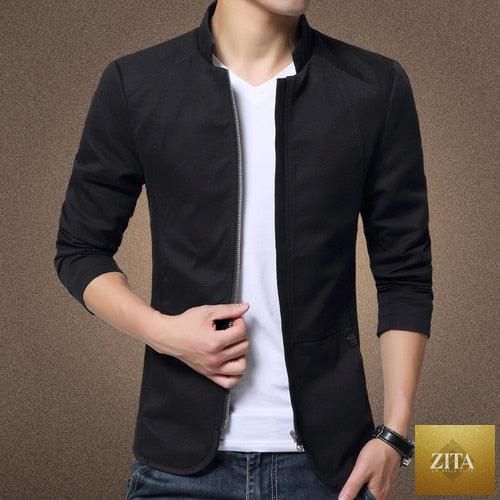 Stevvex black men's slim fit cotton jacket, casual and business style, lightweight, outdoor wear, solid color, elegant design.