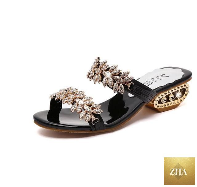 Stevvex black shiny summer flat sandals for women with rhinestones, square toe, elastic slingback, ideal for beach and casual wear