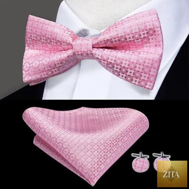 Elegant beige silk butterfly bow tie and cufflink set for men, perfect for weddings, parties, and tuxedo formal occasions.