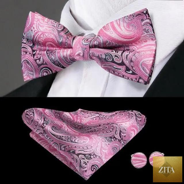 Beige silk butterfly bow tie with matching cufflinks set for men, elegant wedding or prom accessory, by Stevvex.