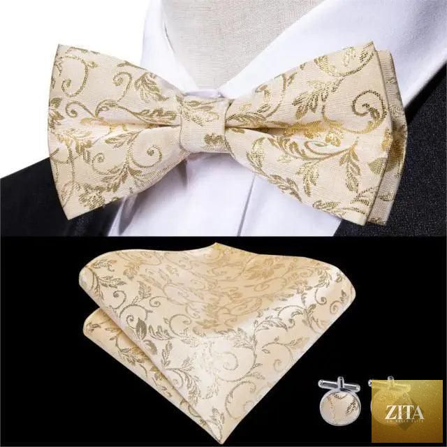 Beige silk butterfly bow tie with matching cufflinks set by Stevvex, perfect for weddings, formal events, and prom tuxedos.