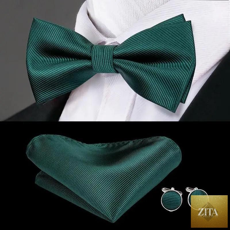 Beige silk butterfly bow tie with matching cufflinks set by Stevvex, elegant design for wedding or formal occasions.