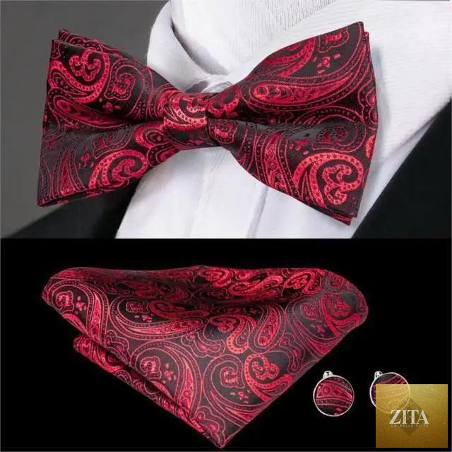 Beige silk butterfly bow tie with matching cufflinks set for men, elegant design suitable for wedding, prom, or formal events.