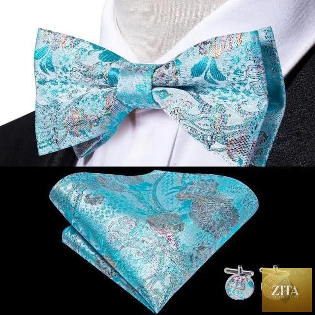 Beige silk butterfly bow tie and cufflink set for men, elegant design suitable for weddings, parties, and formal events by Stevvex.