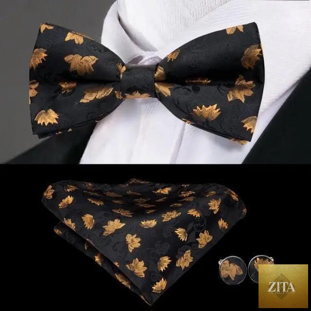Beige silk butterfly bow tie set for men with matching cufflinks, elegant design suitable for weddings and formal events.