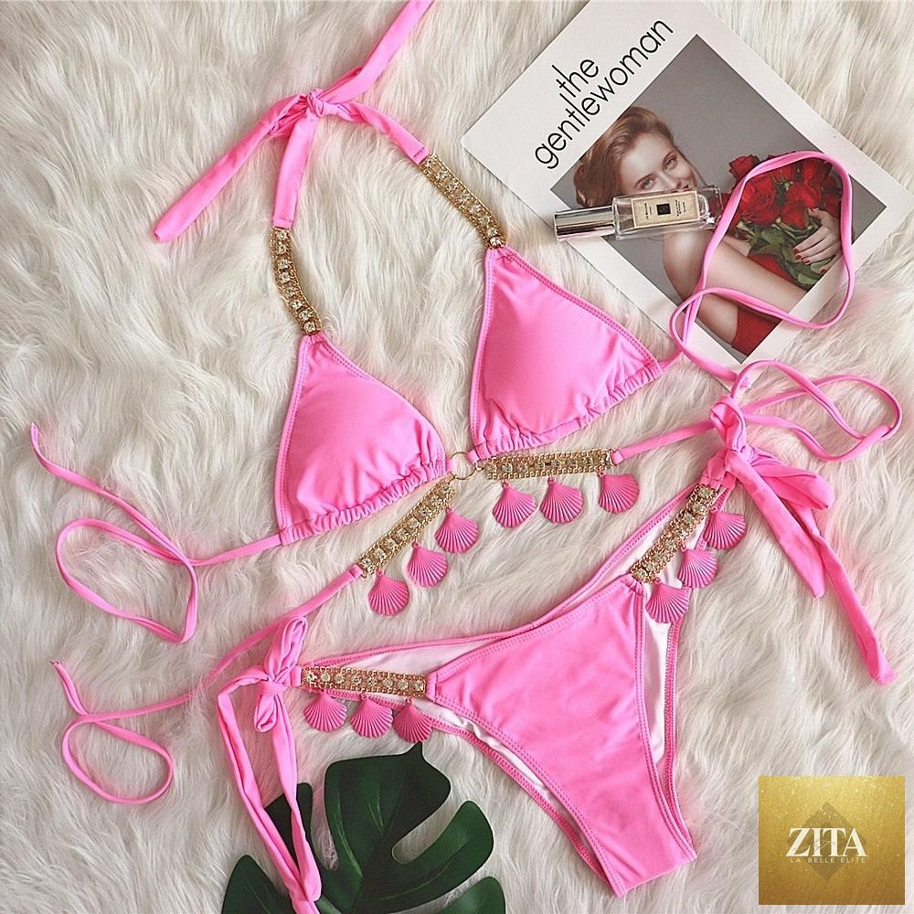 Stevvex luxury diamond halter bikini set with push-up top, crystal side bottoms, and strappy triangle design for women’s beachwear.