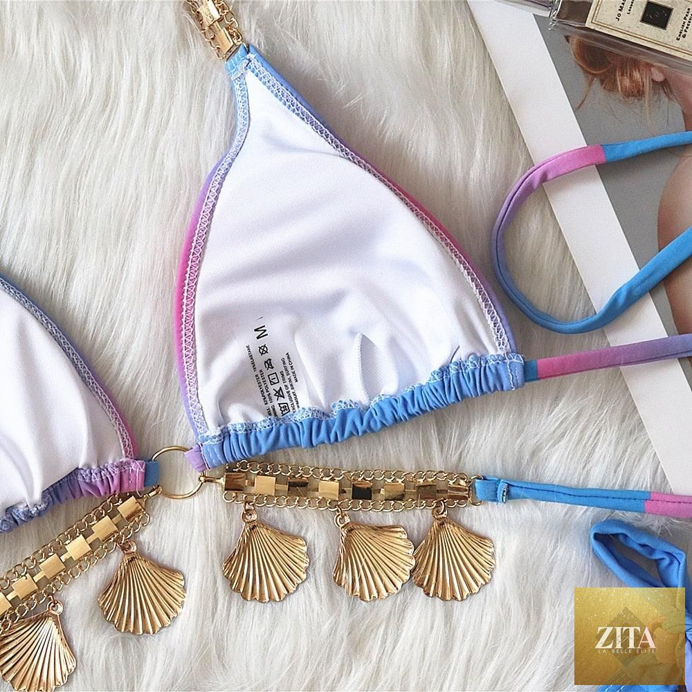 Stevvex luxury diamond halter bikini set with push-up top and crystal side triangle bottoms, perfect for beach and summer parties.
