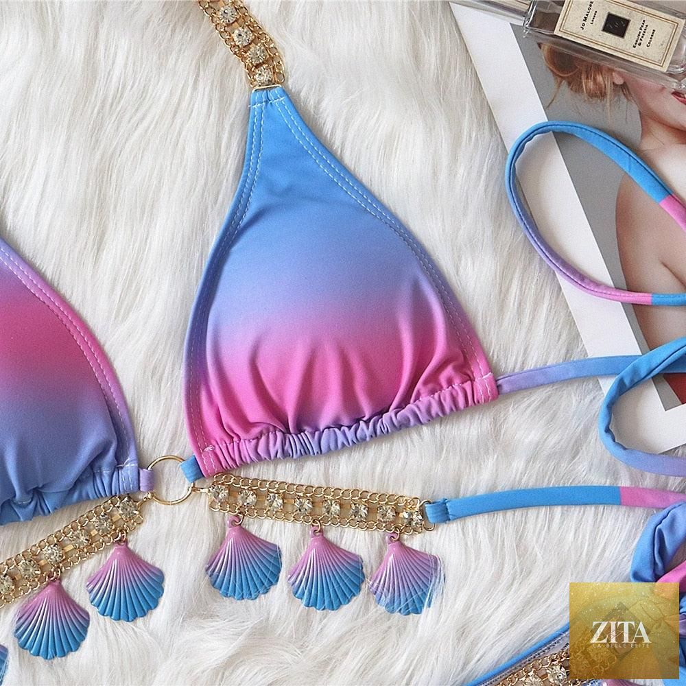 Luxury Stevvex diamond bikini with halter top, push-up design, crystal side bottoms, and strappy triangle swimwear for women.