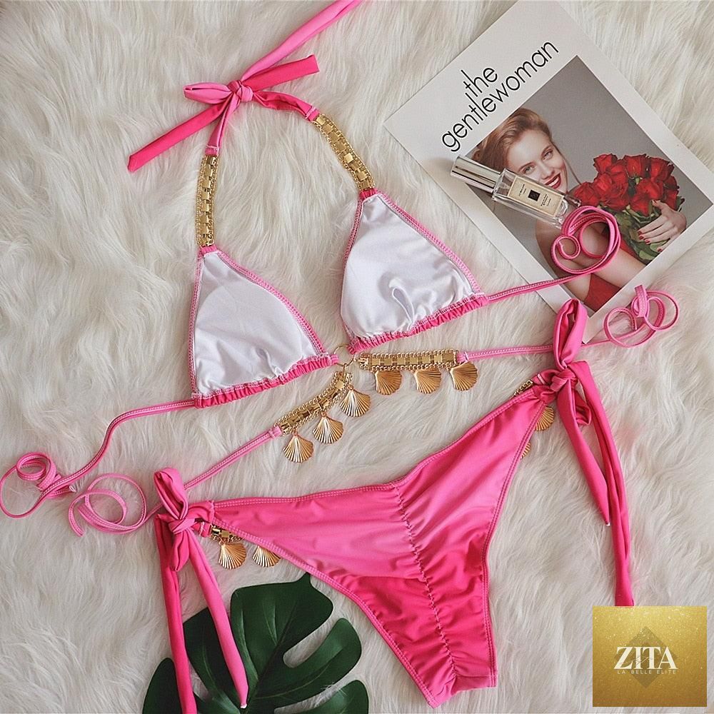 Luxury Stevvex diamond bikini set with halter top, push-up design, crystal side bottoms, and strappy triangle swimwear for women.