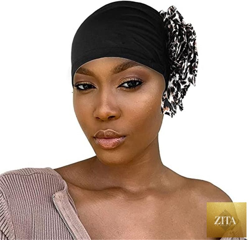 Stevvex black lightweight bonnet with large flower, elastic hijab cap, soft headscarf, and turban style for women.