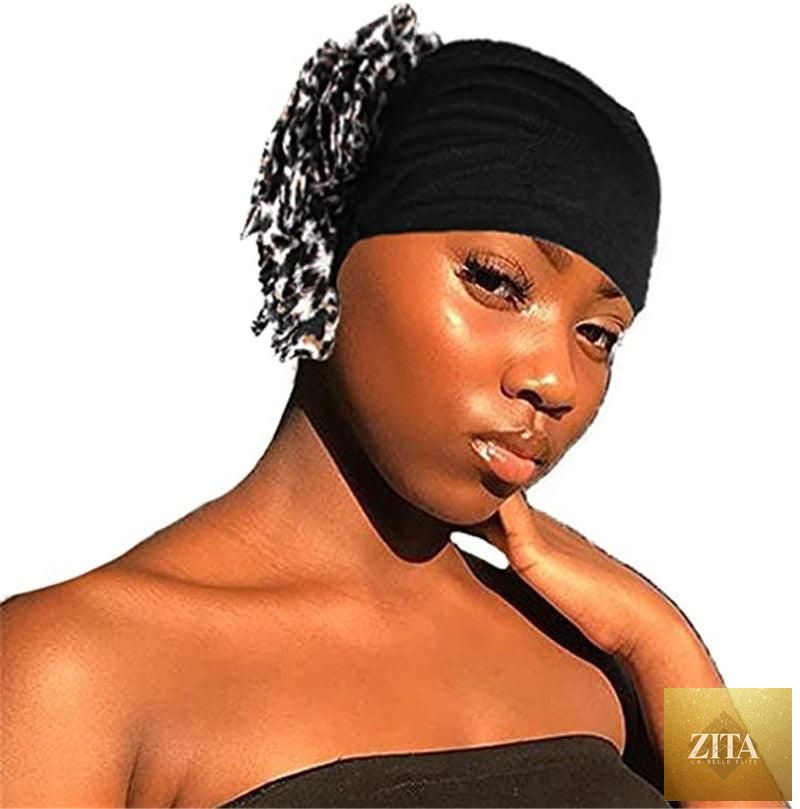 Black lightweight elegant bonnet with large flower, elastic headscarf and turban style hijab cap for women by Stevvex.