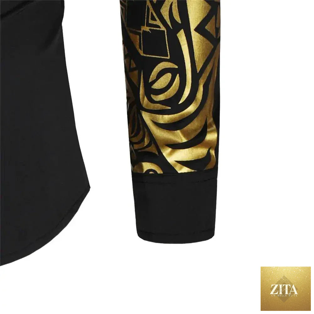 Mandotos luxury gold and black men's slim fit long sleeve shirt displayed on a mannequin with a modern collar and sleek design.