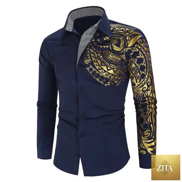 Mandotos luxury gold and black men's slim fit long sleeve shirt, stylish and modern with a sleek design.