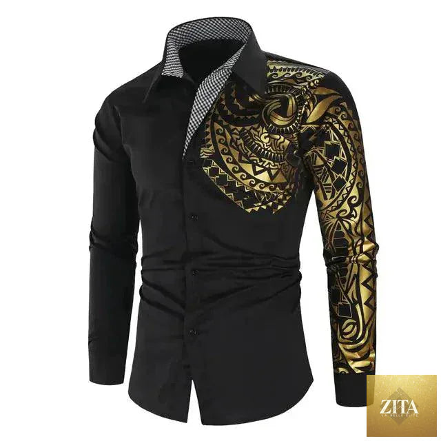 Mandotos luxury gold and black men's slim fit long sleeve shirt displayed on a hanger with a sleek design.