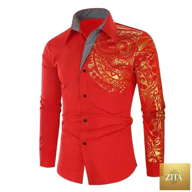 Mandotos luxury gold and black men's slim fit long sleeve shirt with sleek design and tailored fit, suitable for formal or stylish occasions.
