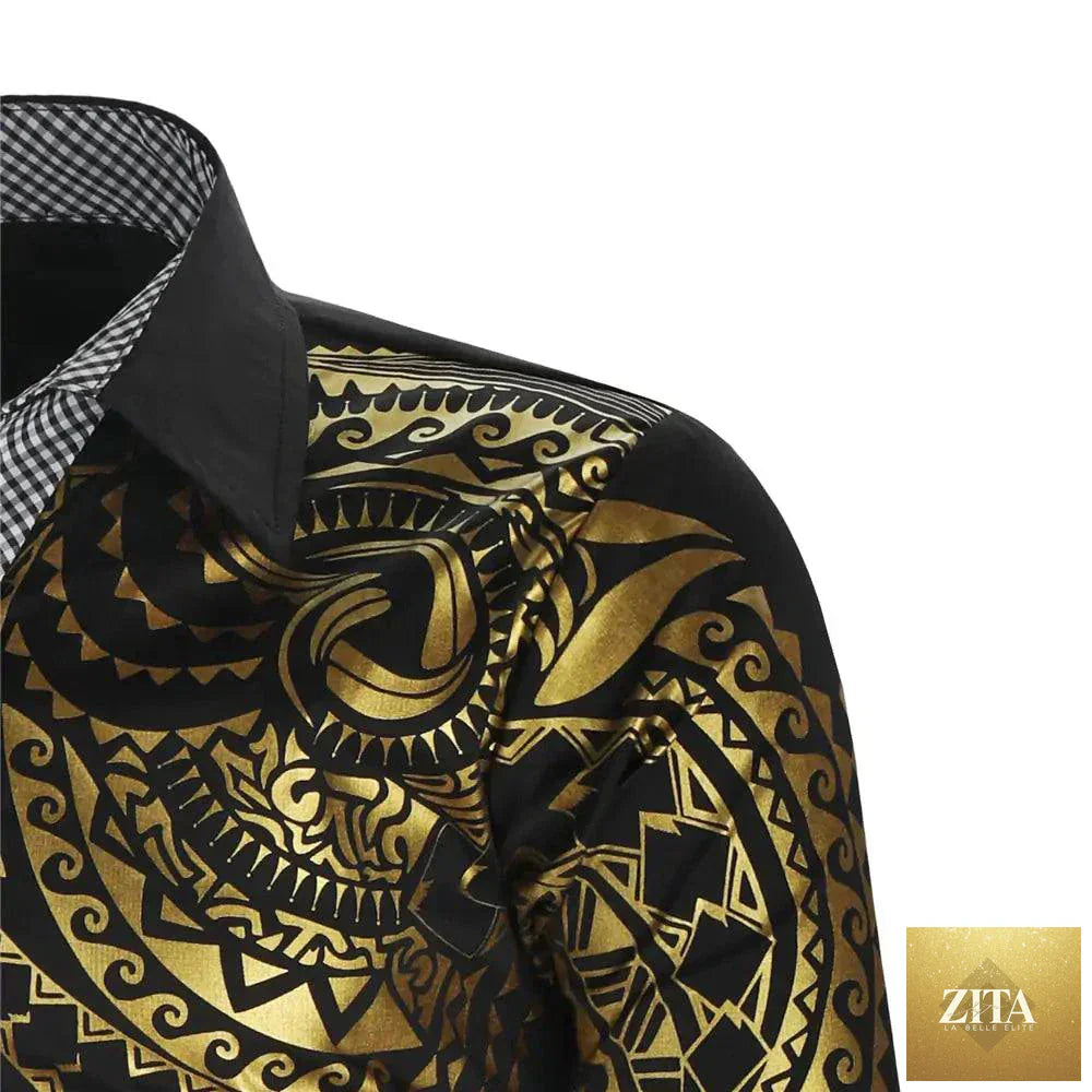 Mandotos luxury gold and black men's slim fit long sleeve shirt with a sophisticated design and tailored fit.