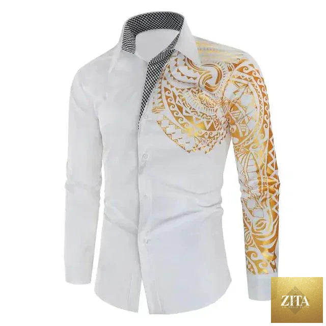 Mandotos luxury gold and black men's slim fit long sleeve shirt, stylish and modern, with a sleek design and tailored fit.