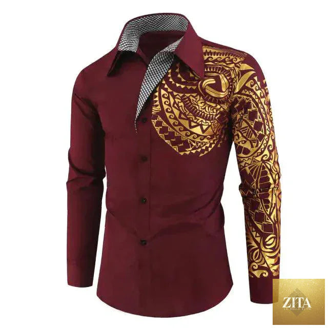 Mandotos luxury gold and black men's slim fit long sleeve shirt displayed flat, showcasing its stylish design and fabric details.