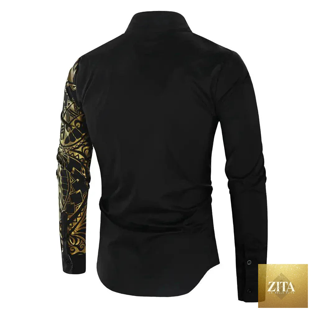 Mandotos luxury gold and black men's slim fit long sleeve shirt with stylish design, tailored for a modern, sophisticated look.
