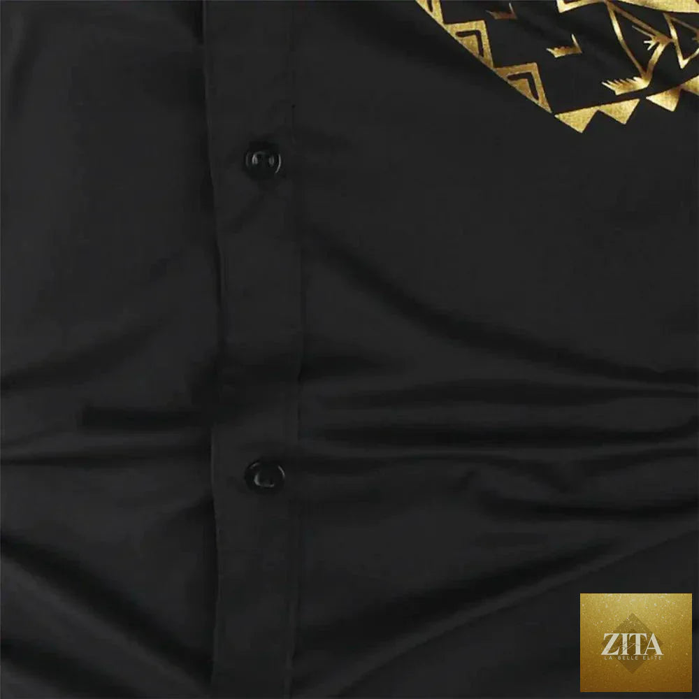 Mandotos luxury gold and black men's slim fit long sleeve shirt with a sleek, modern design, perfect for stylish formal or casual wear.