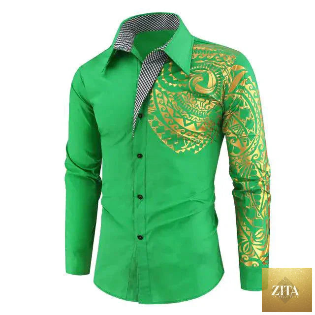 Mandotos luxury gold black men's slim fit long sleeve shirt, tailored fit with elegant gold accents and classic collar.