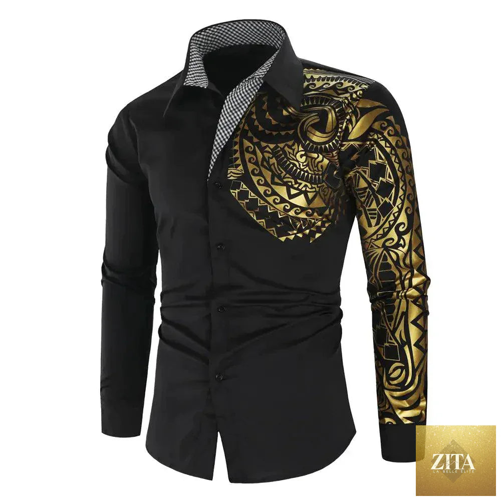 Mandotos men's luxury gold and black slim fit long sleeve shirt displayed on a hanger with a tailored collar and sleek fabric.