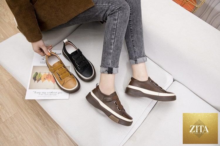 Stevvex women's leather sneakers with a casual flat design, soft genuine leather, ideal for spring, walking, and everyday comfort.