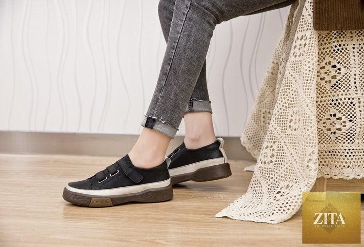 Stevvex luxury leather women's sneakers in spring style, casual flat shoes with soft, comfortable genuine leather for walking and everyday wear.
