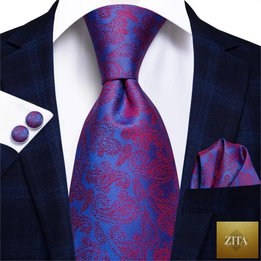 Luxury men's silk necktie, pocket square, handkerchief, and cufflinks set with formal printed design by Stevvex.