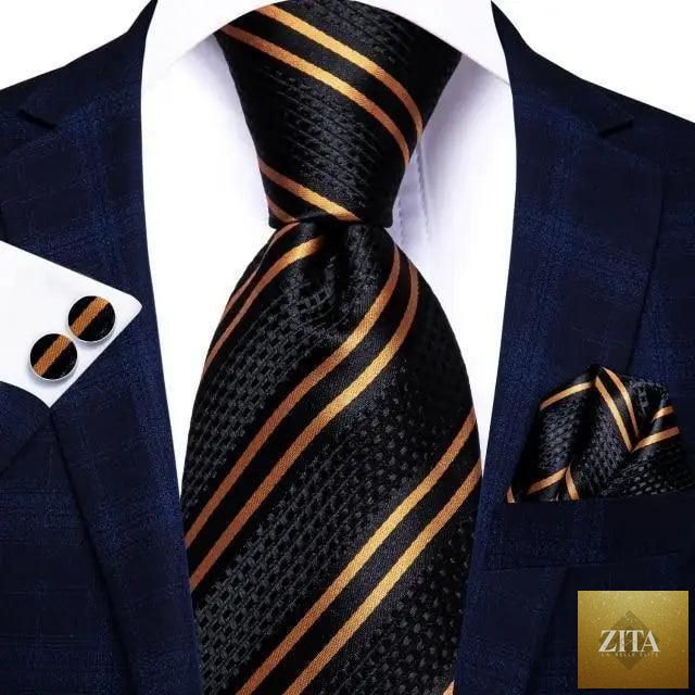 Luxury men's silk necktie, pocket square, handkerchief, and cufflinks set with formal printed design by Stevvex.
