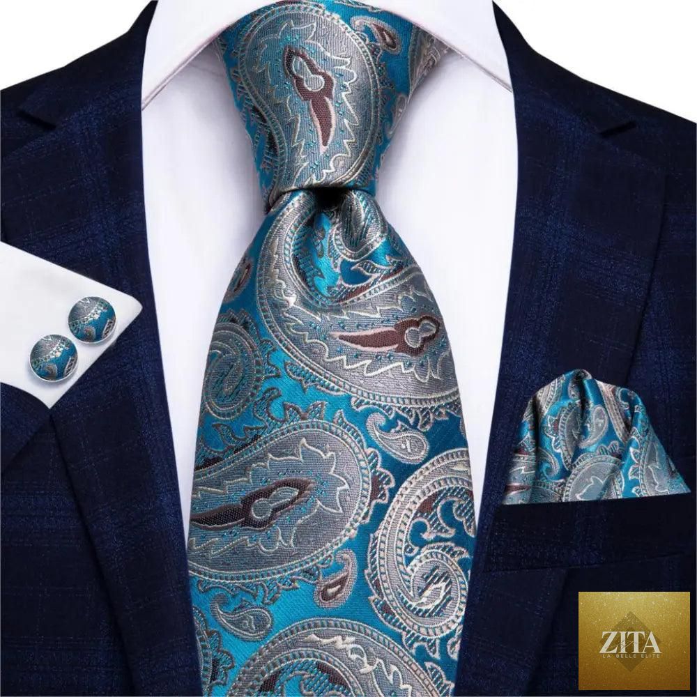 Luxury men's silk necktie, pocket square, handkerchief, and cufflinks set with formal printed design by Stevvex.