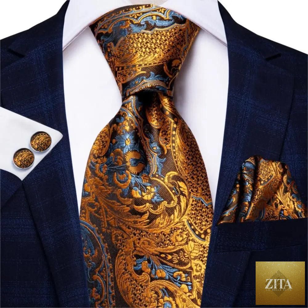 Luxury men's silk necktie, matching pocket square, handkerchief, and cufflinks set with formal printed design by Stevvex.