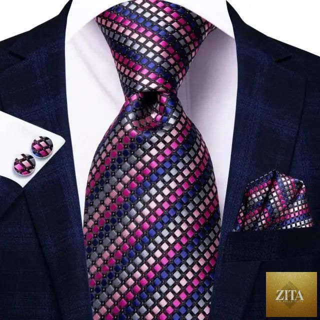 Luxury men's silk necktie, pocket square, handkerchief, and cufflinks set with formal printed design by Stevvex.