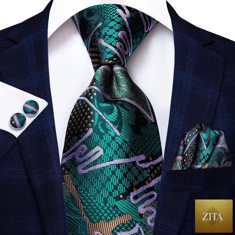 Luxury men's silk necktie, pocket square, handkerchief, and cufflinks set with formal printed design by Stevvex.