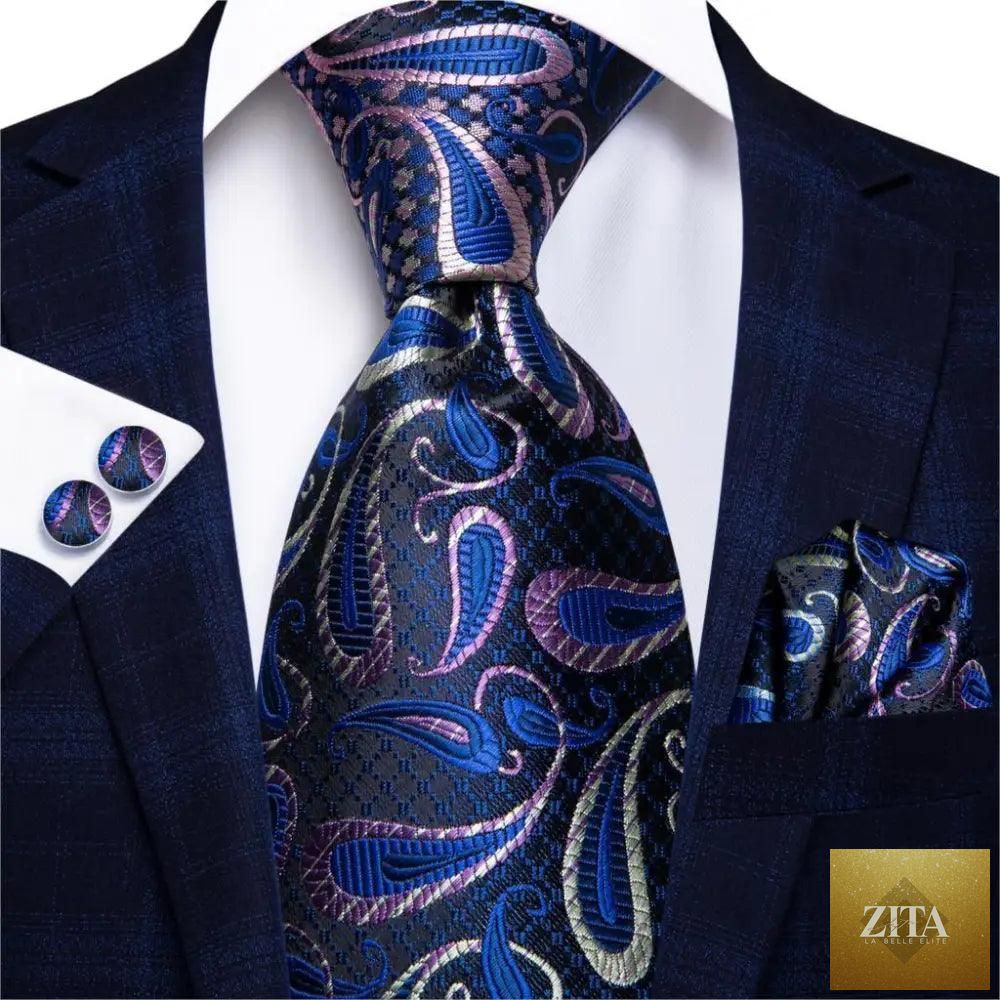 Luxury men's silk necktie, pocket square, handkerchief, and cufflinks set by Stevvex, with elegant printed design for formal occasions.