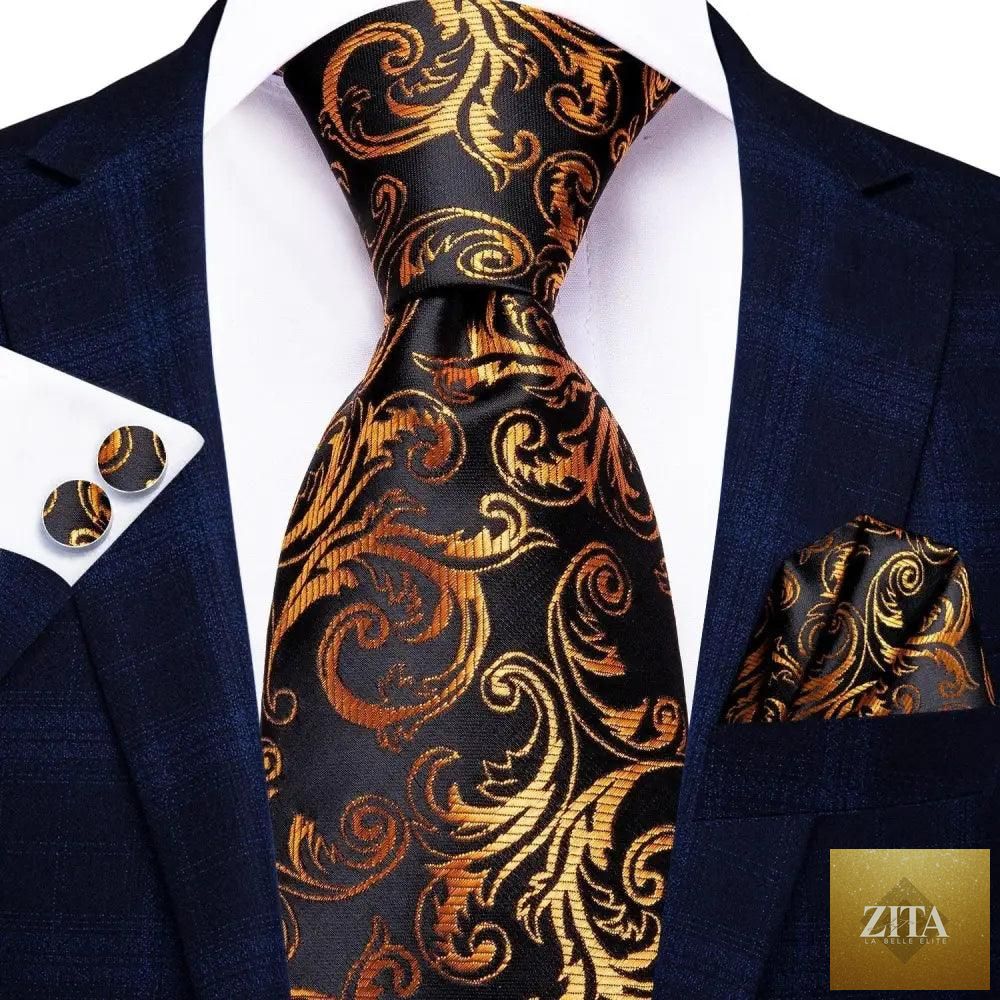 Luxury men's silk necktie, pocket square, handkerchief, and cufflinks set with formal printed design by Stevvex.